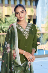 Olive Green Embroidered Roman Silk Kurta Pant Set with Printed Chanderi Silk Dupatta