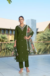 Olive Green Embroidered Roman Silk Kurta Pant Set with Printed Chanderi Silk Dupatta