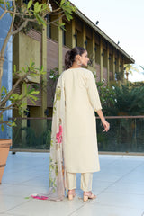Women’s Cream Embroidered Roman Silk Kurta Pant Set with Floral Printed Chanderi Silk Dupatta