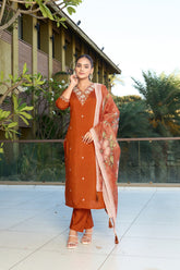 Orange Embroidered Roman Silk Kurta Pant Set with Printed Chanderi Silk Dupatta
