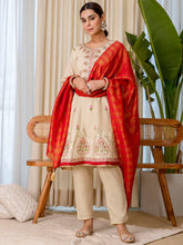 Nazneen Beige Elegant Silk Kurta Pant Set