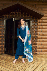 Women's Teal Blue Roman Silk Embroidered Kurta Pant Set with Floral Digital Print Chanderi Silk Dupatta