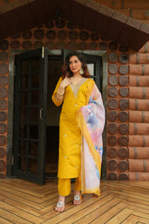 Women's Mustard Yellow Roman Silk Embroidered Kurta Pant Set with Digital Print Chanderi Silk Dupatta