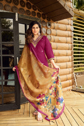Women's Maroon Roman Silk Embroidered Kurta Pant Set with Floral Digital Print Chanderi Silk Dupatta
