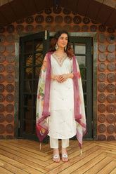 Women's White Roman Silk Embroidered Kurta Pant Set with Floral Digital Print Chanderi Silk Dupatta | Festive & Party Wear Suit Set