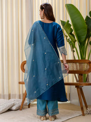 Meher Teal-blue Embroidred Kurta Sets with Sequins Work Women Suits