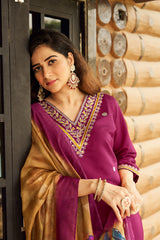 Women's Maroon Roman Silk Embroidered Kurta Pant Set with Floral Digital Print Chanderi Silk Dupatta