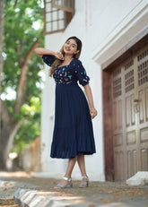 Elegant Navy Blue Floral Dress With Sweetheart Neckline And Puffed Sleeves