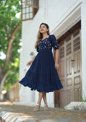 Elegant Navy Blue Floral Dress With Sweetheart Neckline And Puffed Sleeves