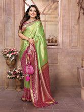 Premium Parrot Green Pure Banarasi Tissue Silk Saree with All-Over Weaving Butties