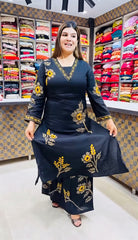 Elegant Black Pure Rayon Floral Kurta Set with Matching Palazzo | V-Neck Ethnic Wear for Women