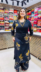 Elegant Off-white Pure Rayon cotton Floral Kurta Set with Matching Palazzo | V-Neck Ethnic Wear for Women