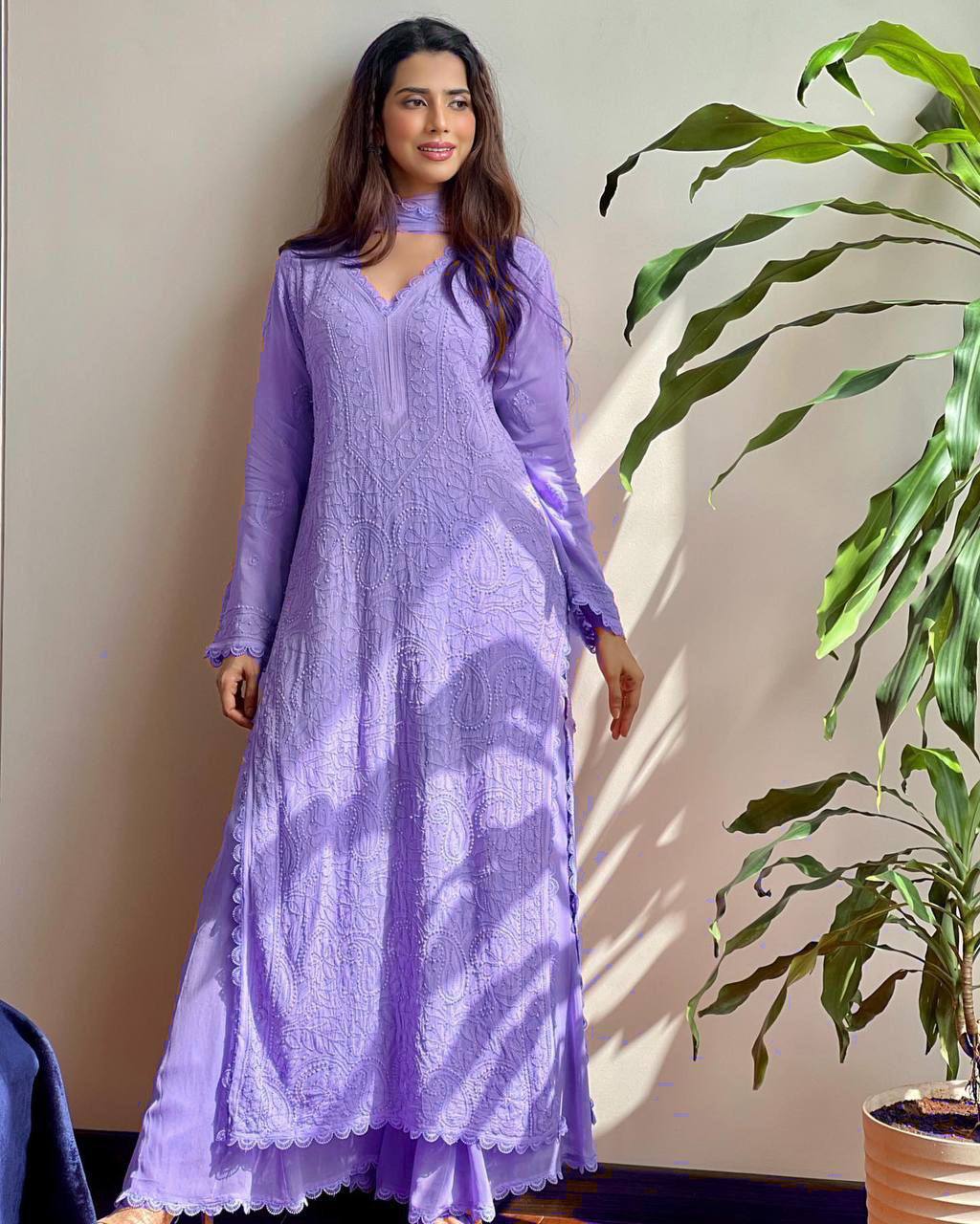 purple chikankari dress Suhani Viscose Chikankari Straight Kurti - Purple