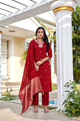Women's Maroon Roman Silk Embroidered Kurta Pant with Cotton Silk Zari Dupatta Set | Festive Ethnic Wear