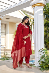 Women's Maroon Roman Silk Embroidered Kurta Pant with Cotton Silk Zari Dupatta Set | Festive Ethnic Wear