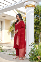 Women's Maroon Roman Silk Embroidered Kurta Pant with Cotton Silk Zari Dupatta Set | Festive Ethnic Wear