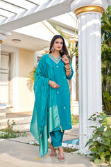Teal Roman Silk Embroidered Kurta Pant Set with Cotton Silk Zari Dupatta for Women