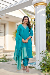 Teal Roman Silk Embroidered Kurta Pant Set with Cotton Silk Zari Dupatta for Women