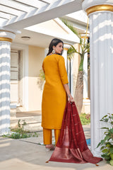 Mustard Yellow Roman Silk Embroidered Kurta Pant Set with Cotton Silk Zari Dupatta for Women