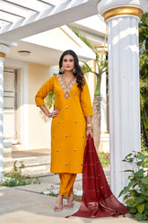 Mustard Yellow Roman Silk Embroidered Kurta Pant Set with Cotton Silk Zari Dupatta for Women