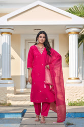 Women's Fuchsia Pink Roman Silk Embroidered Kurta Pant Set with Cotton Silk Sequins Zari Dupatta | Festive Ethnic Wear