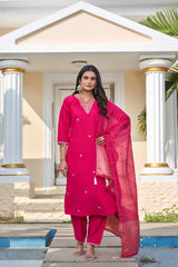 Women's Fuchsia Pink Roman Silk Embroidered Kurta Pant Set with Cotton Silk Sequins Zari Dupatta | Festive Ethnic Wear