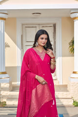 Women's Fuchsia Pink Roman Silk Embroidered Kurta Pant Set with Cotton Silk Sequins Zari Dupatta | Festive Ethnic Wear