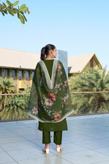 Olive Green Embroidered Roman Silk Kurta Pant Set with Printed Chanderi Silk Dupatta