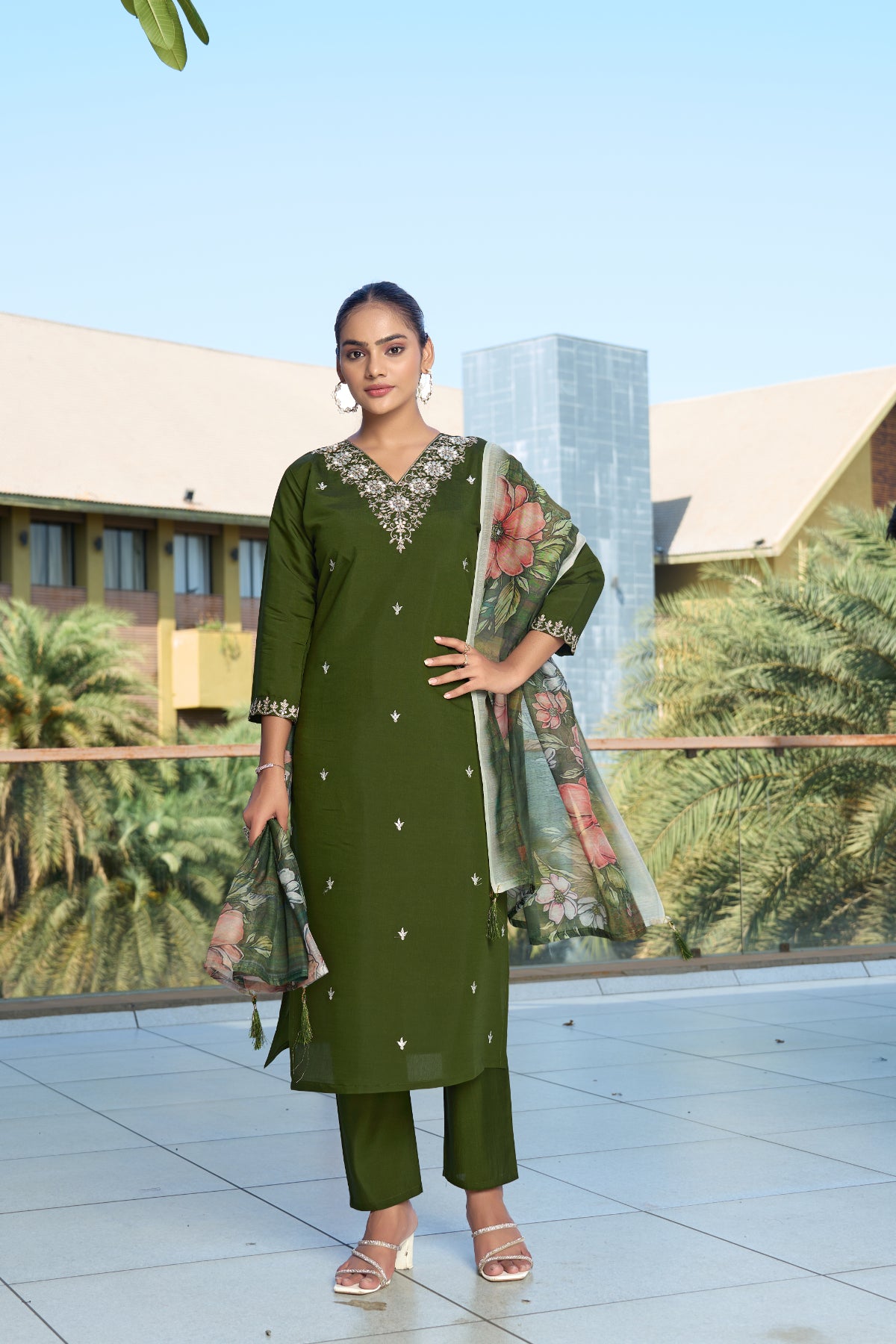 Olive Green Embroidered Roman Silk Kurta Pant Set with Printed Chanderi Silk Dupatta