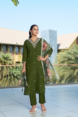 Olive Green Embroidered Roman Silk Kurta Pant Set with Printed Chanderi Silk Dupatta