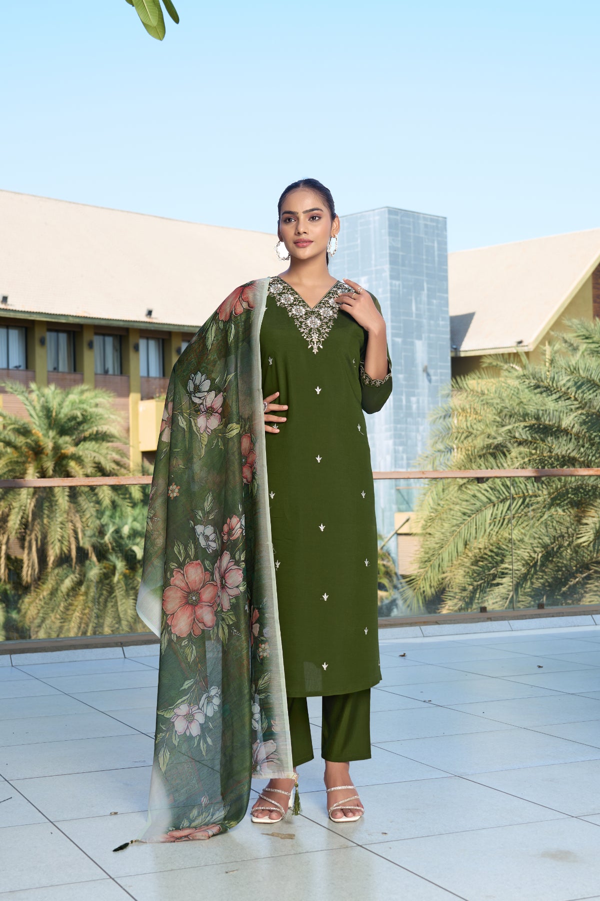Olive Green Embroidered Roman Silk Kurta Pant Set with Printed Chanderi Silk Dupatta