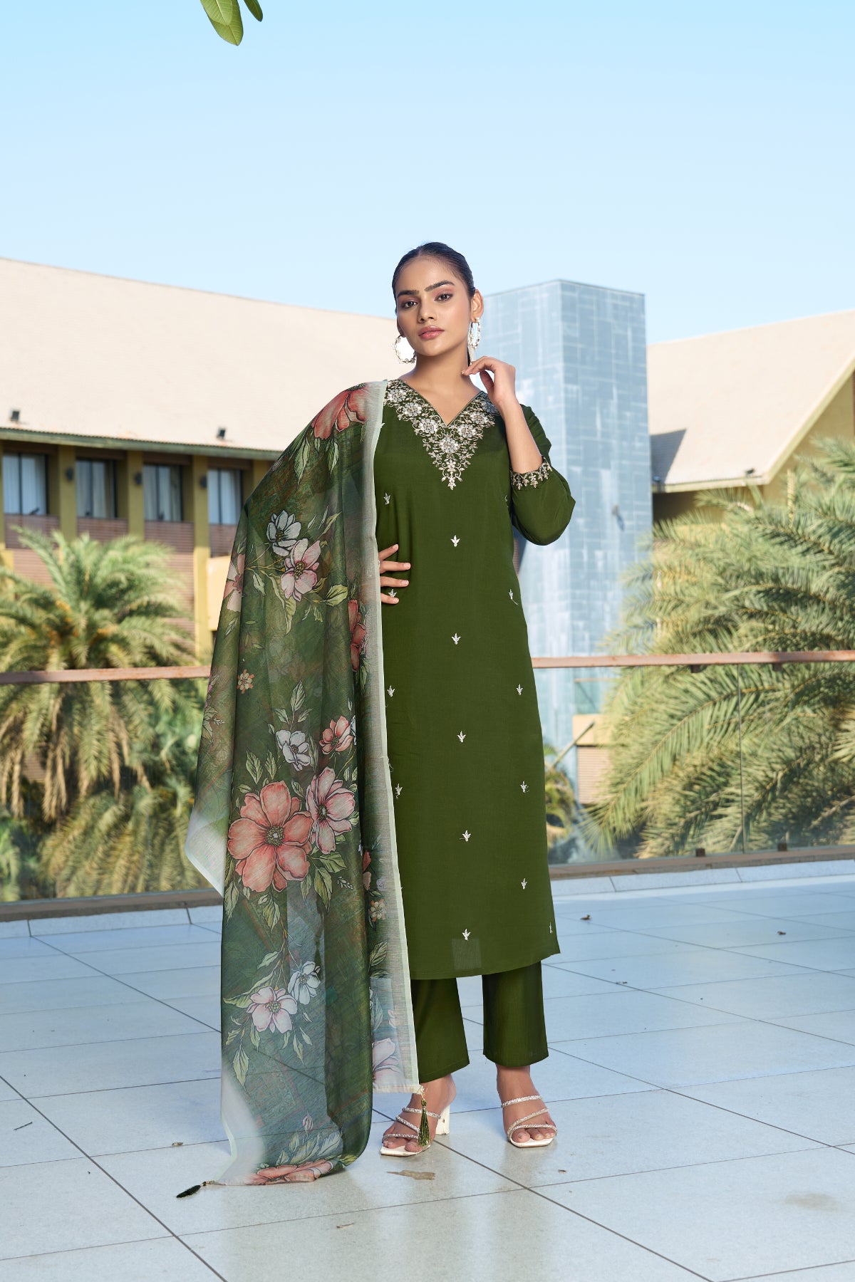 Olive Green Embroidered Roman Silk Kurta Pant Set with Printed Chanderi Silk Dupatta