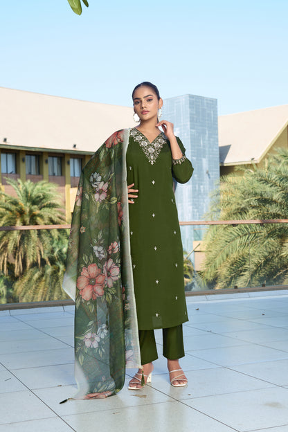 Olive Green Embroidered Roman Silk Kurta Pant Set with Printed Chanderi Silk Dupatta