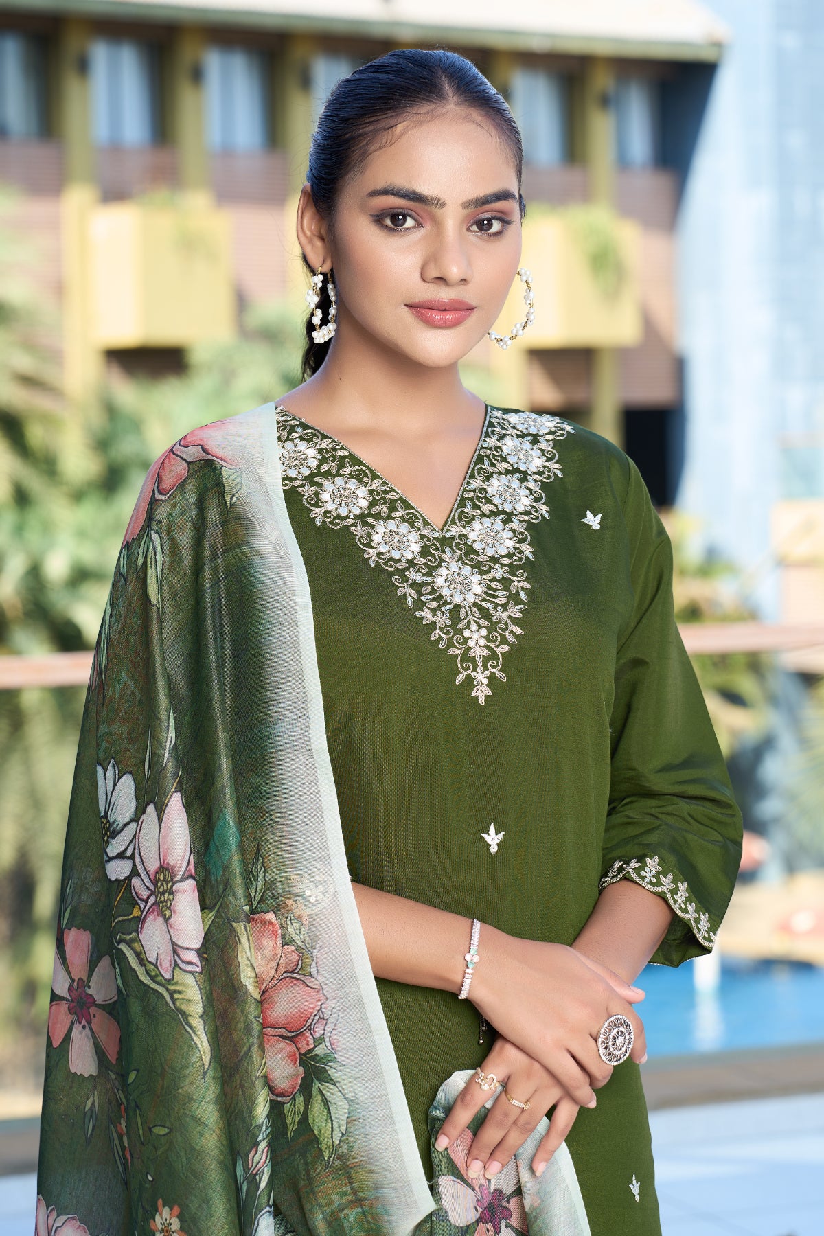 Olive Green Embroidered Roman Silk Kurta Pant Set with Printed Chanderi Silk Dupatta