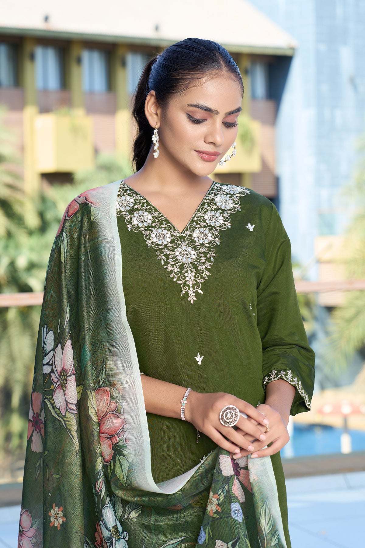 Olive Green Embroidered Roman Silk Kurta Pant Set with Printed Chanderi Silk Dupatta