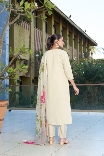 Women’s Cream Embroidered Roman Silk Kurta Pant Set with Floral Printed Chanderi Silk Dupatta
