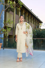Women’s Cream Embroidered Roman Silk Kurta Pant Set with Floral Printed Chanderi Silk Dupatta