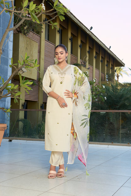Women’s Cream Embroidered Roman Silk Kurta Pant Set with Floral Printed Chanderi Silk Dupatta