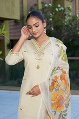 Women’s Cream Embroidered Roman Silk Kurta Pant Set with Floral Printed Chanderi Silk Dupatta