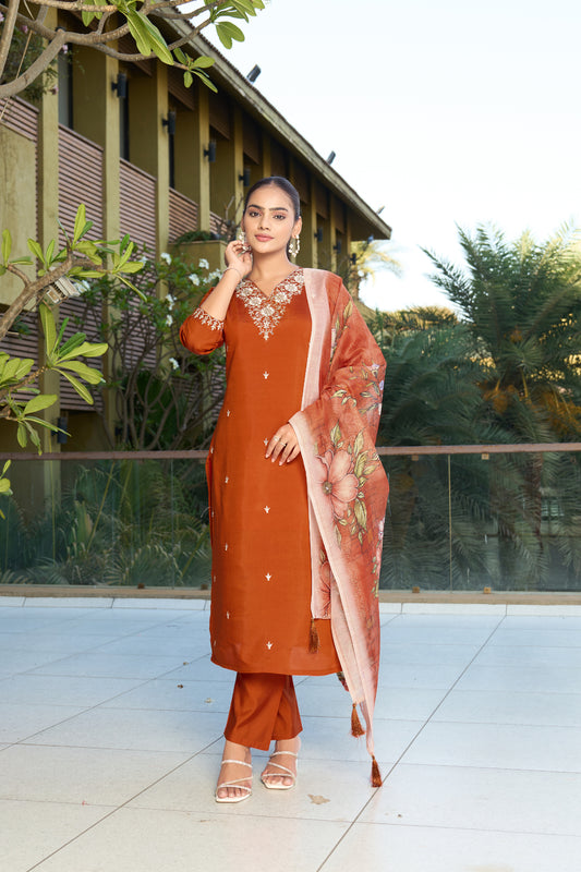 Orange Embroidered Roman Silk Kurta Pant Set with Printed Chanderi Silk Dupatta