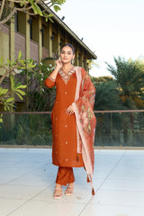 Orange Embroidered Roman Silk Kurta Pant Set with Printed Chanderi Silk Dupatta