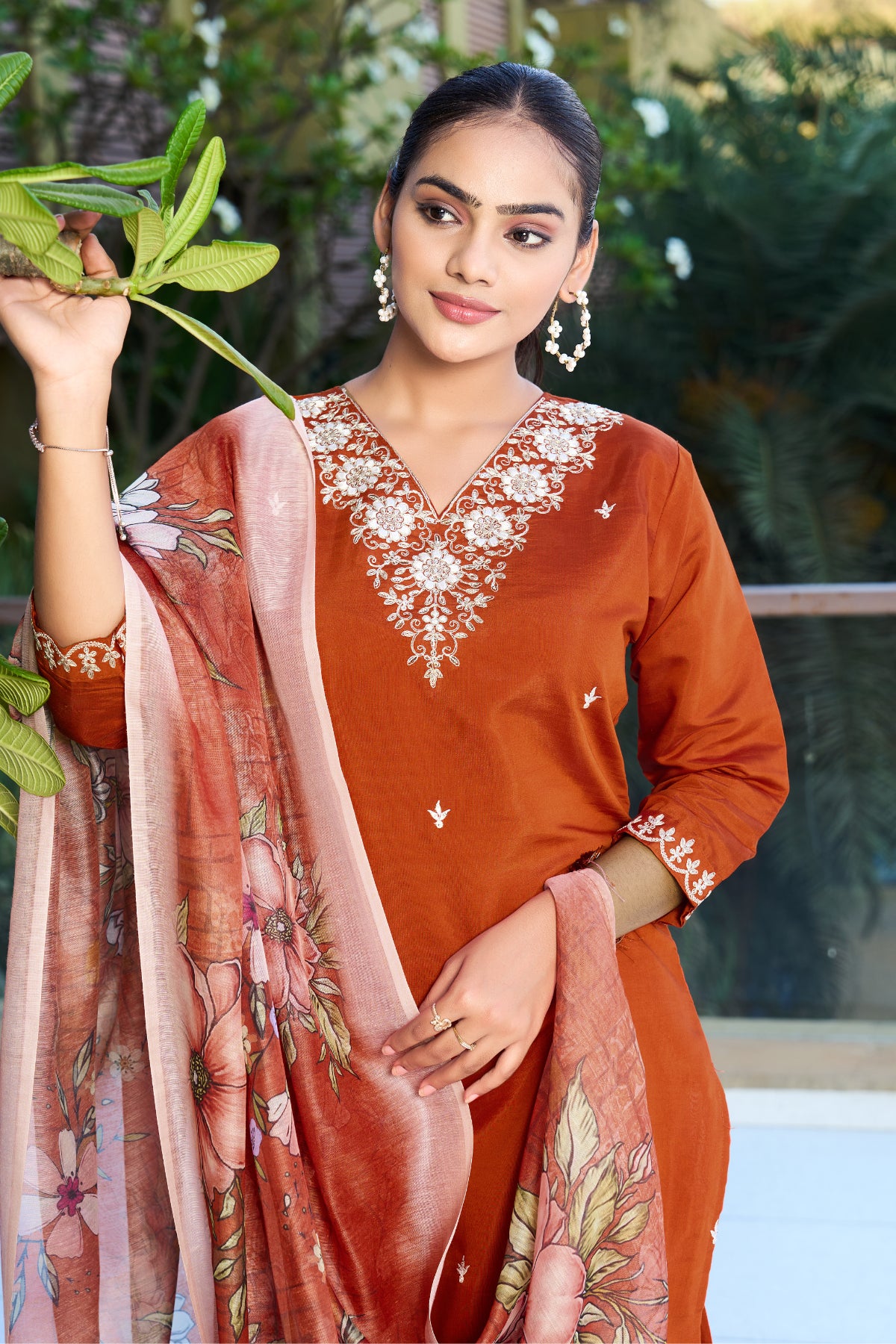Orange Embroidered Roman Silk Kurta Pant Set with Printed Chanderi Silk Dupatta