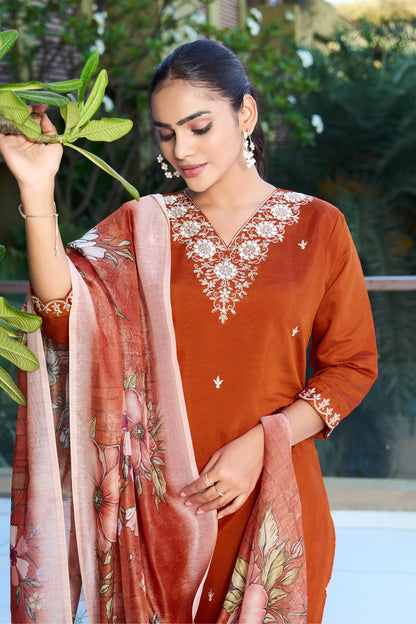 Orange Embroidered Roman Silk Kurta Pant Set with Printed Chanderi Silk Dupatta