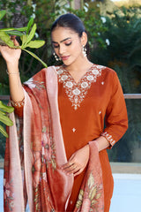 Orange Embroidered Roman Silk Kurta Pant Set with Printed Chanderi Silk Dupatta