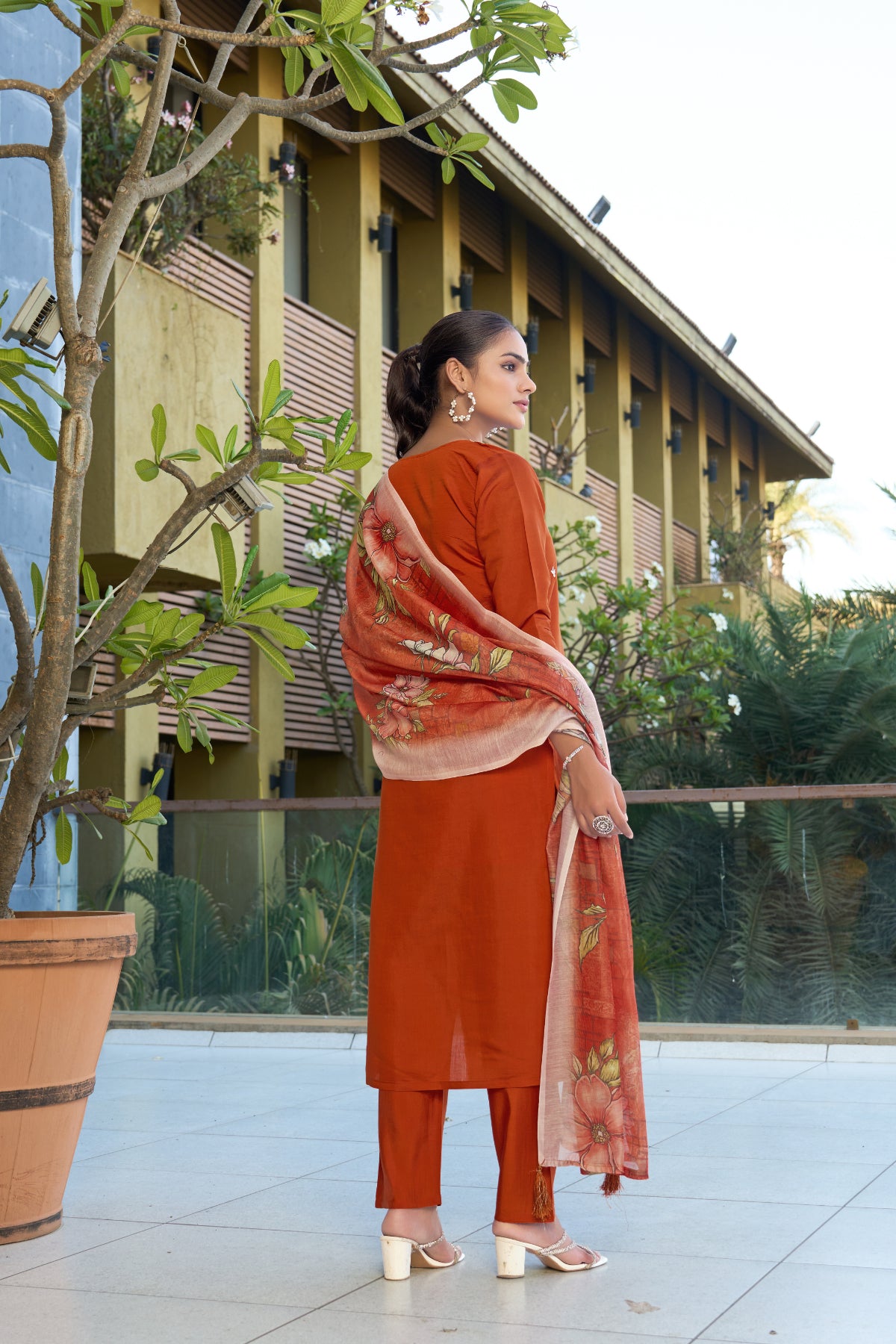 Orange Embroidered Roman Silk Kurta Pant Set with Printed Chanderi Silk Dupatta