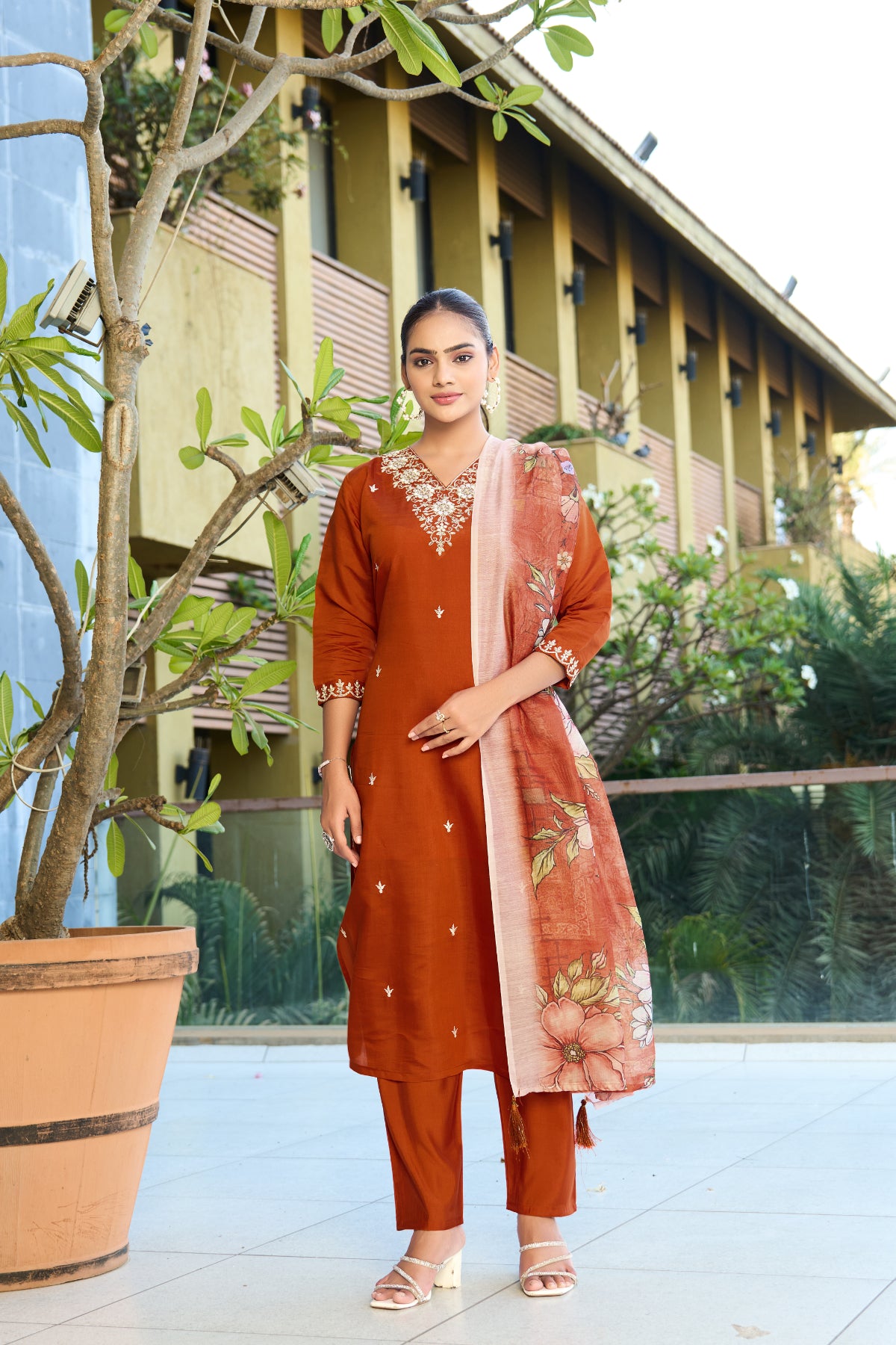 Orange Embroidered Roman Silk Kurta Pant Set with Printed Chanderi Silk Dupatta