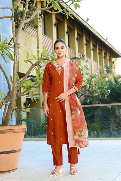 Orange Embroidered Roman Silk Kurta Pant Set with Printed Chanderi Silk Dupatta
