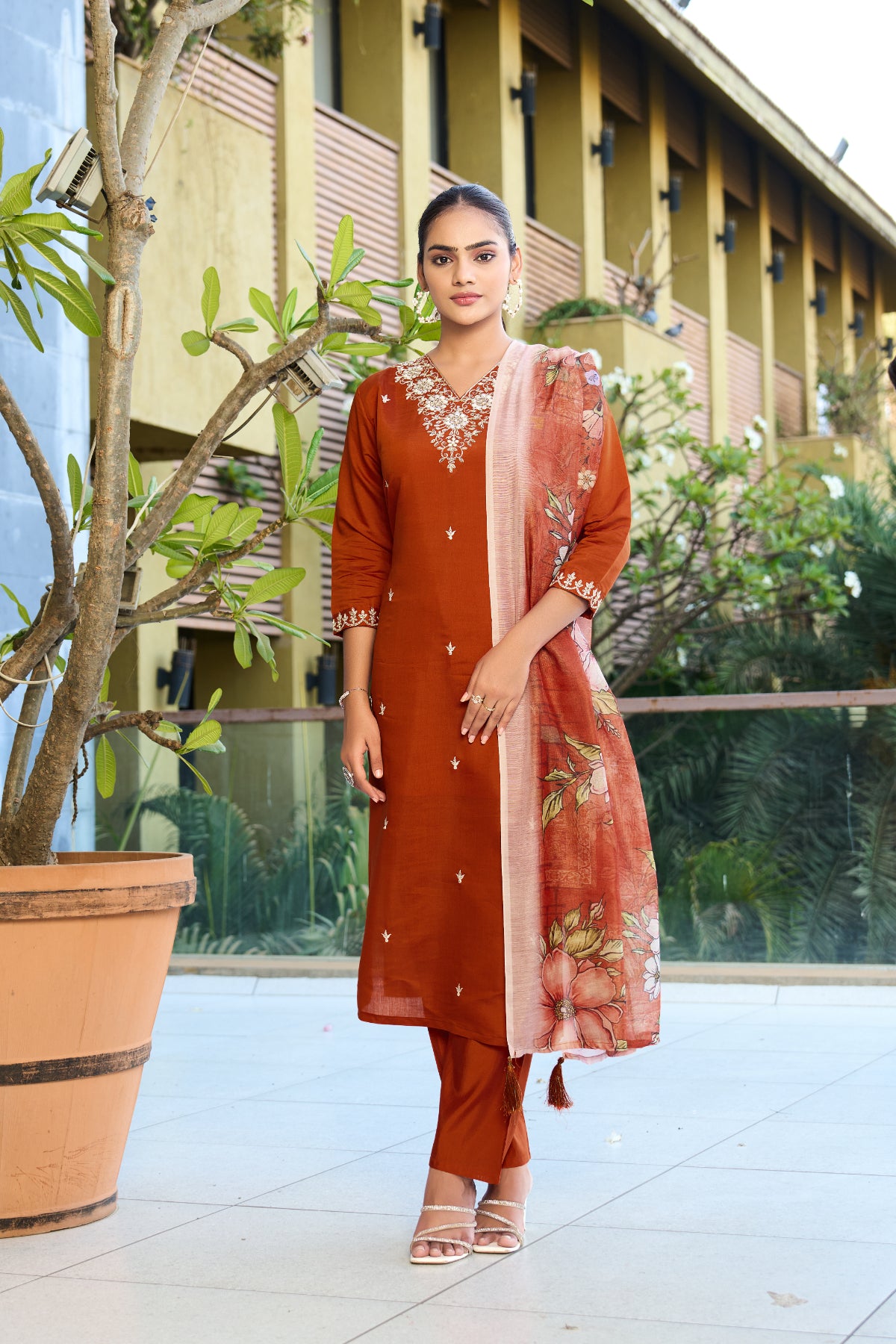 Orange Embroidered Roman Silk Kurta Pant Set with Printed Chanderi Silk Dupatta