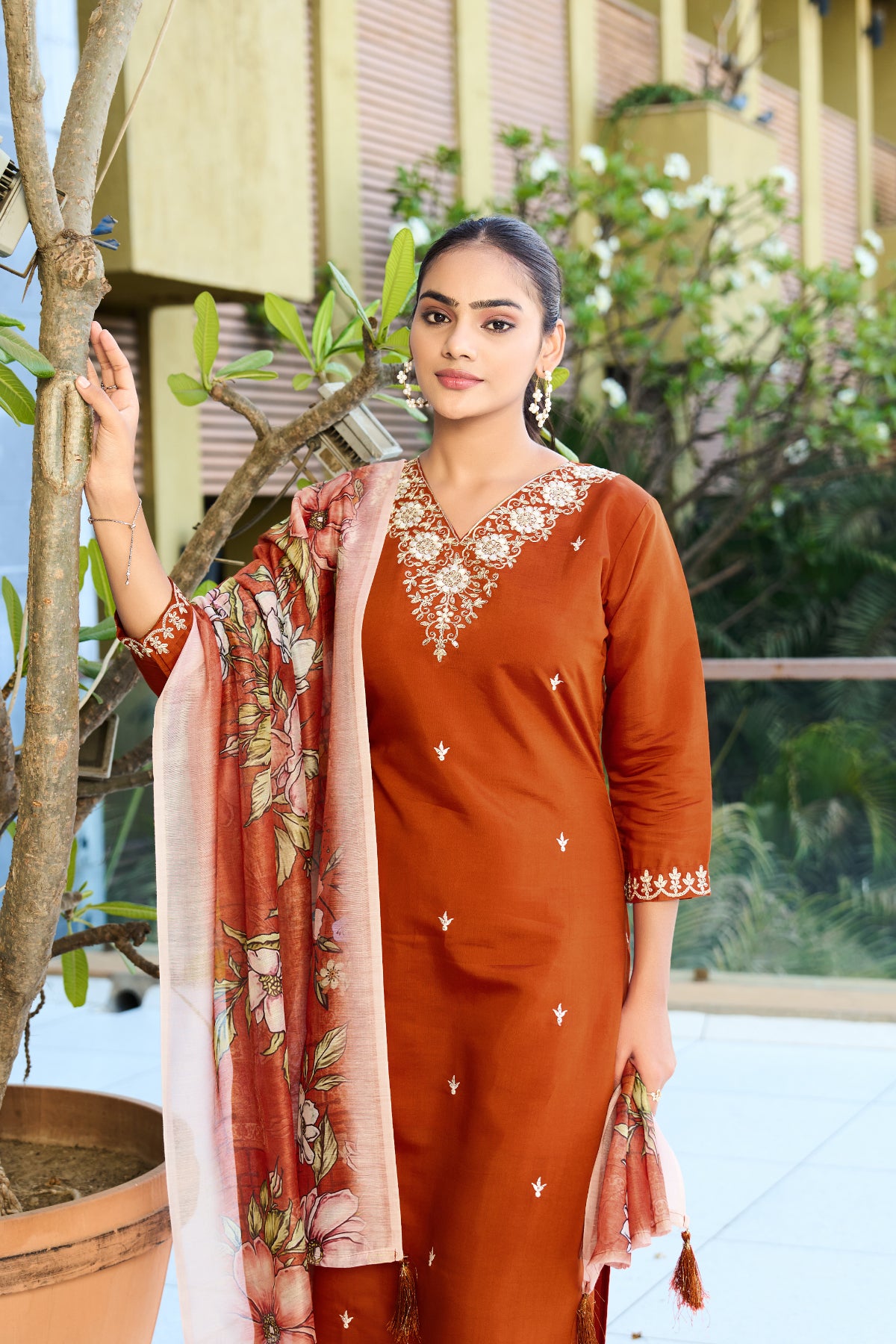 Orange Embroidered Roman Silk Kurta Pant Set with Printed Chanderi Silk Dupatta