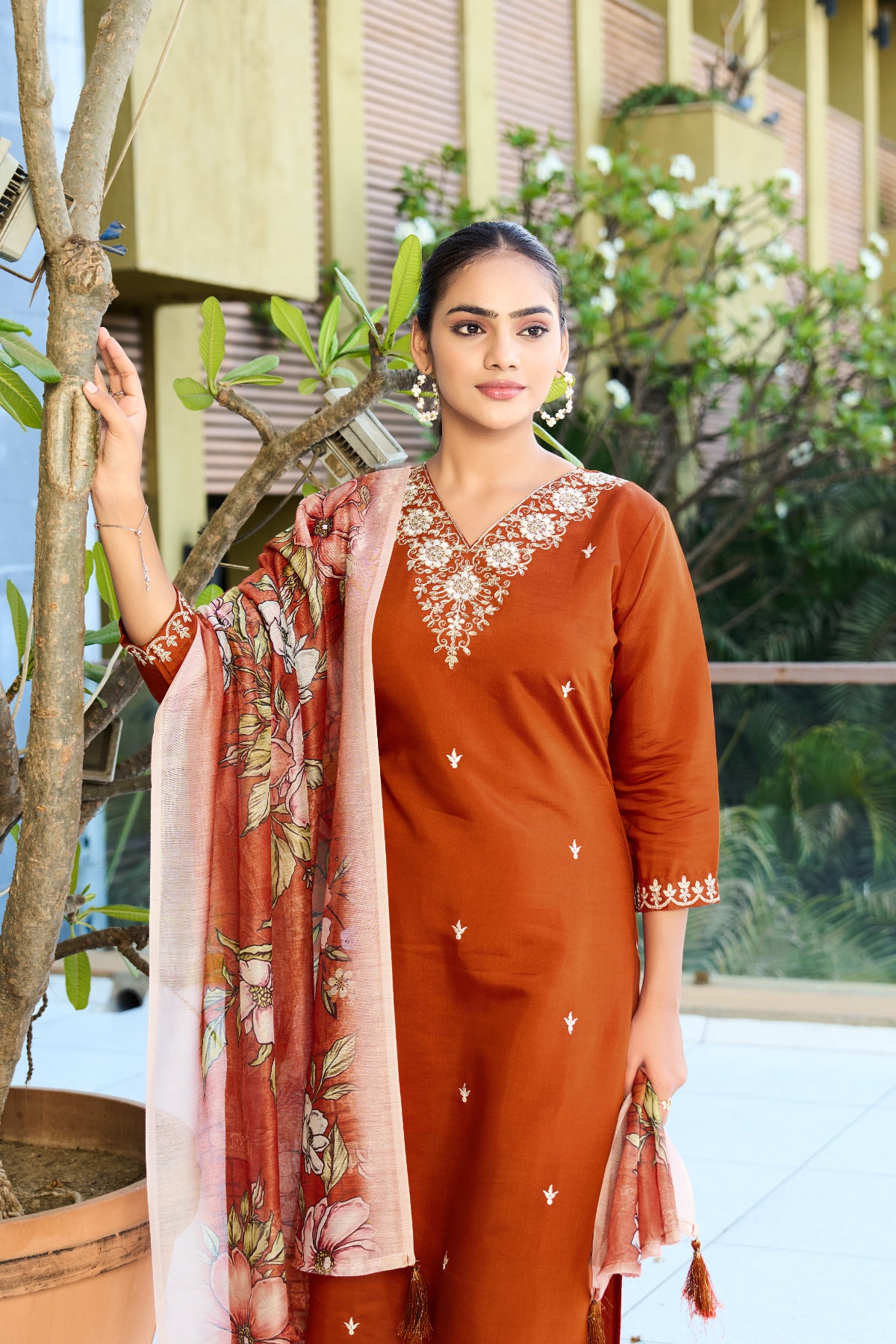 Orange Embroidered Roman Silk Kurta Pant Set with Printed Chanderi Silk Dupatta